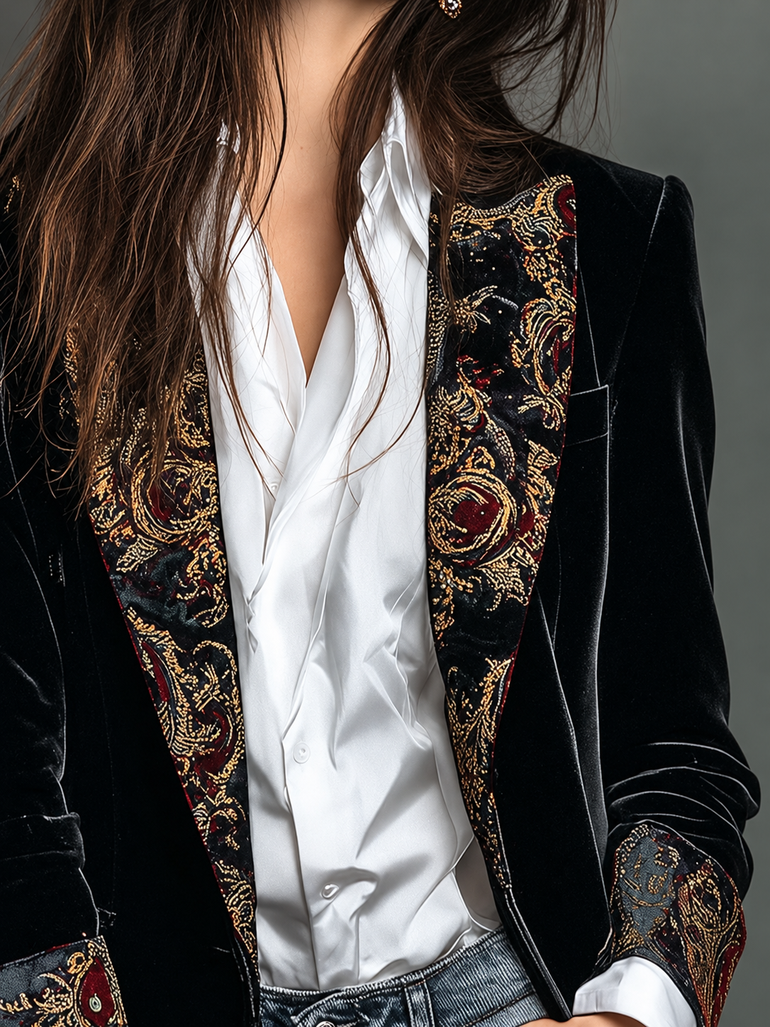 Léontine — Blazer nero slim fit con stampa barocca, vista 6