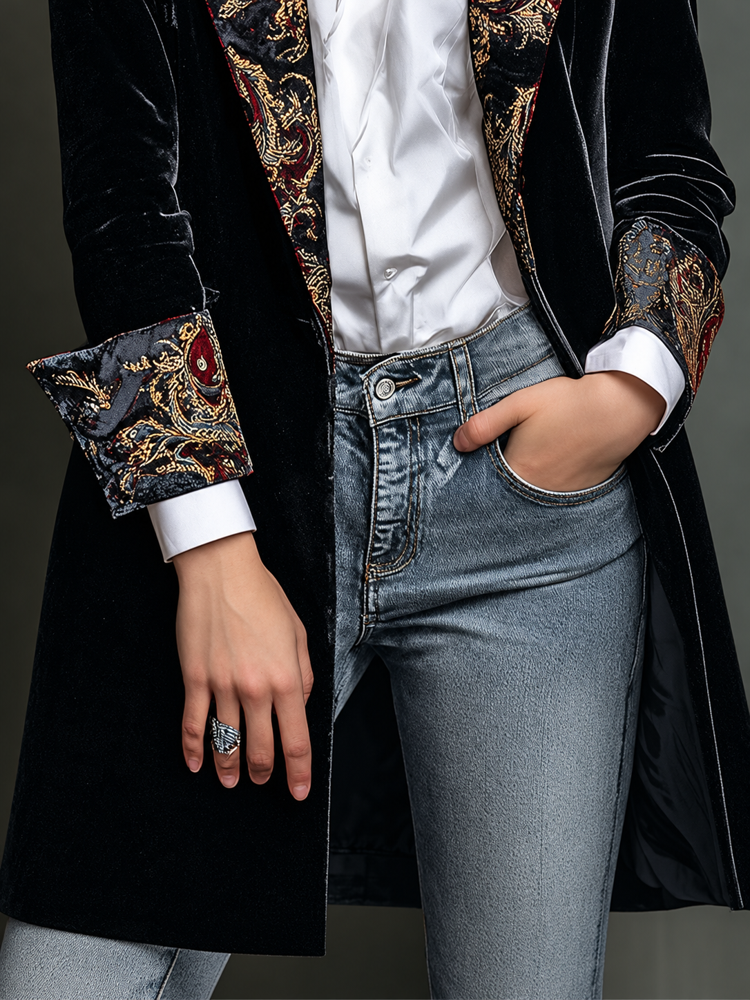 Léontine — Blazer nero slim fit con stampa barocca, vista 7