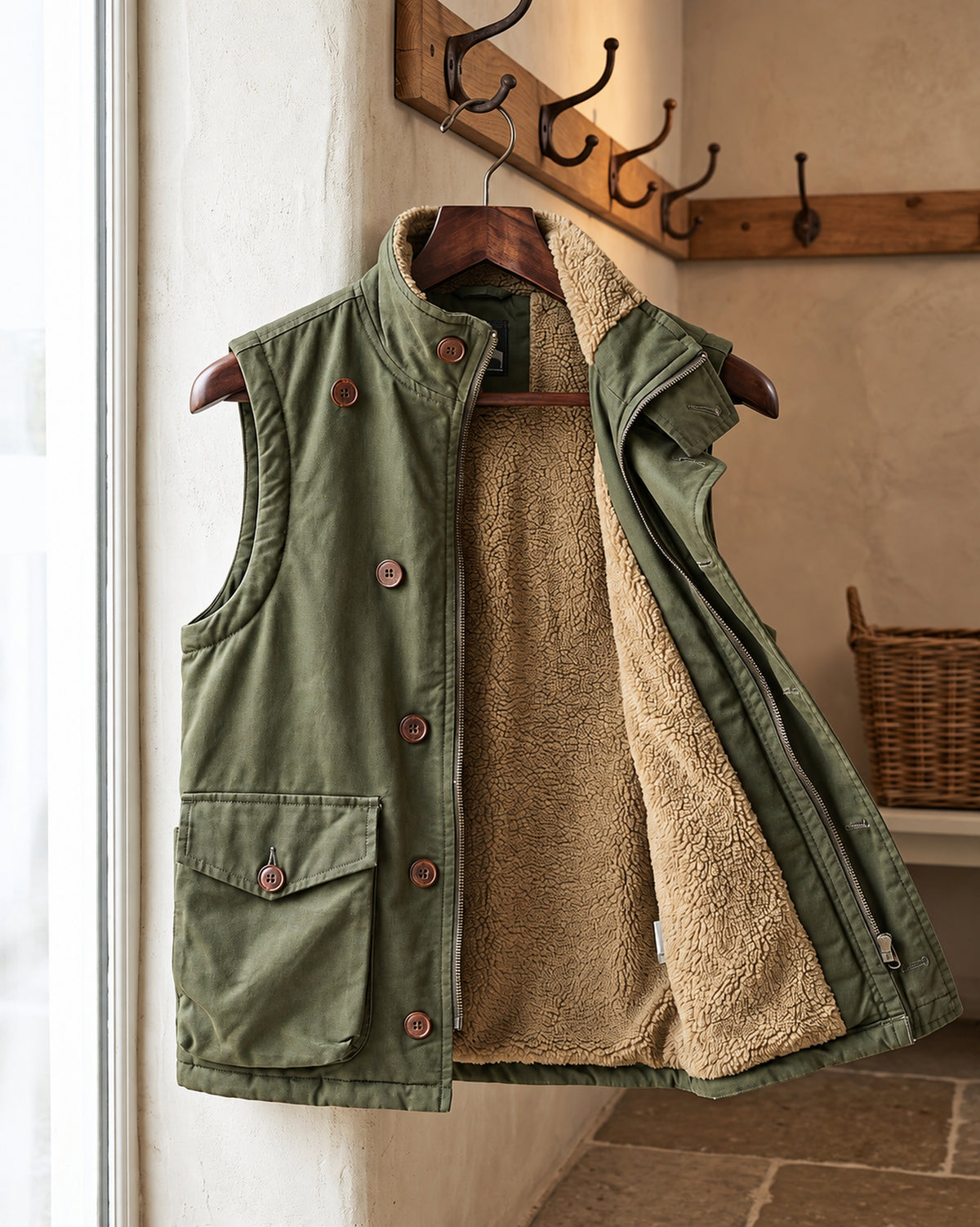 Gilet Lorenzo verde militare con interno sherpa