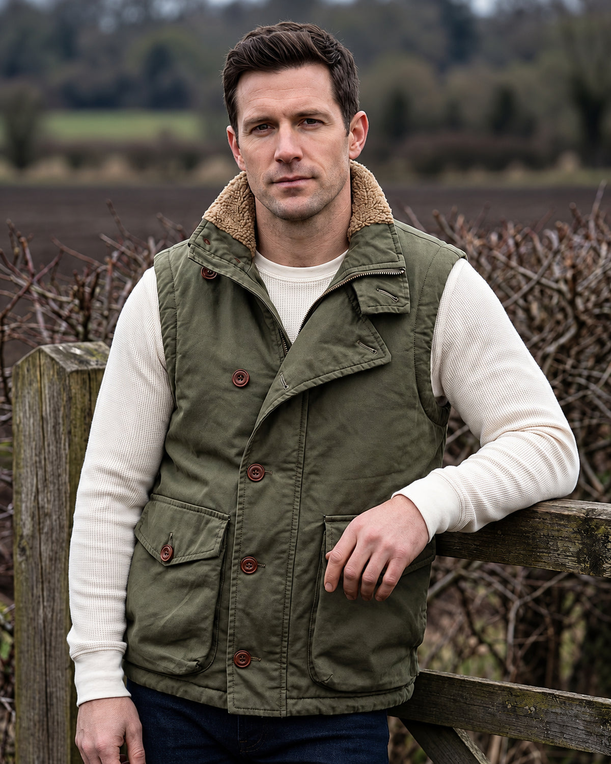 Gilet Lorenzo verde militare indossato all'aperto