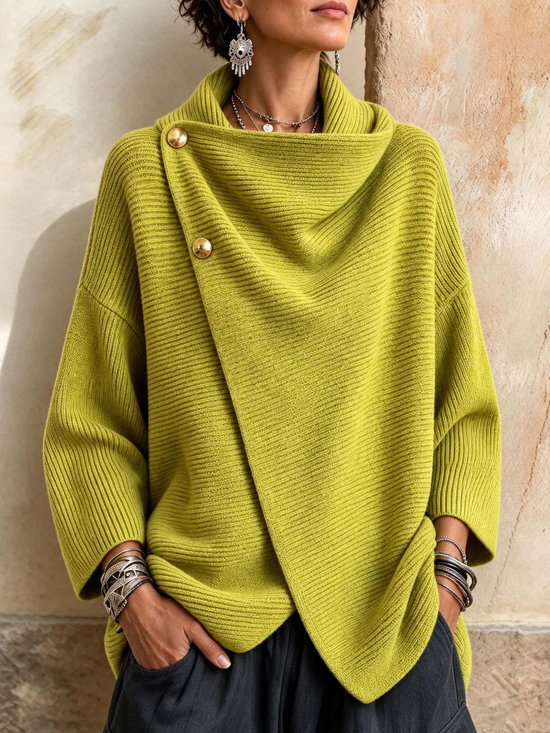 Maglia Asimmetrica con Bottoni - Verde