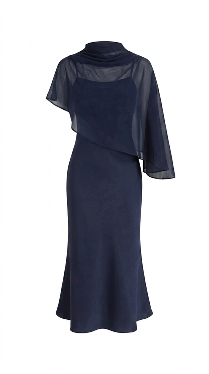 Abito Maxi in Raso con Collo Alto e Maniche a Mantella - Blu scuro