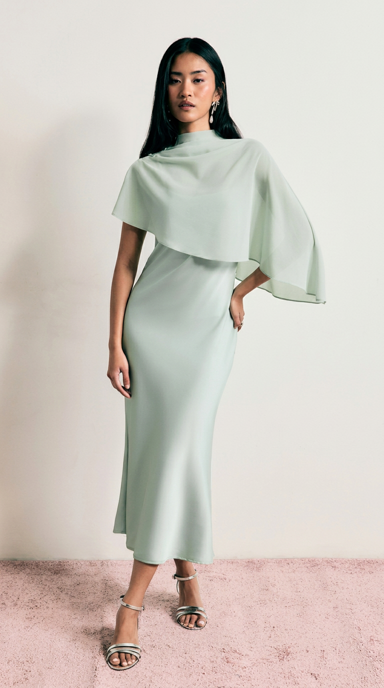 Abito Maxi in Raso con Collo Alto e Maniche a Mantella - Verde