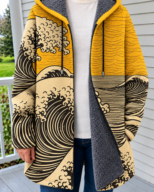 Marta | Cardigan con Cappuccio e Stampa Artistica — Giallo — indossato