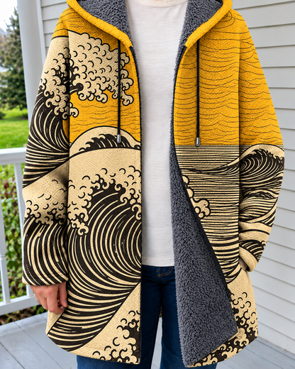 Marta | Cardigan con Cappuccio e Stampa Artistica — Giallo — indossato