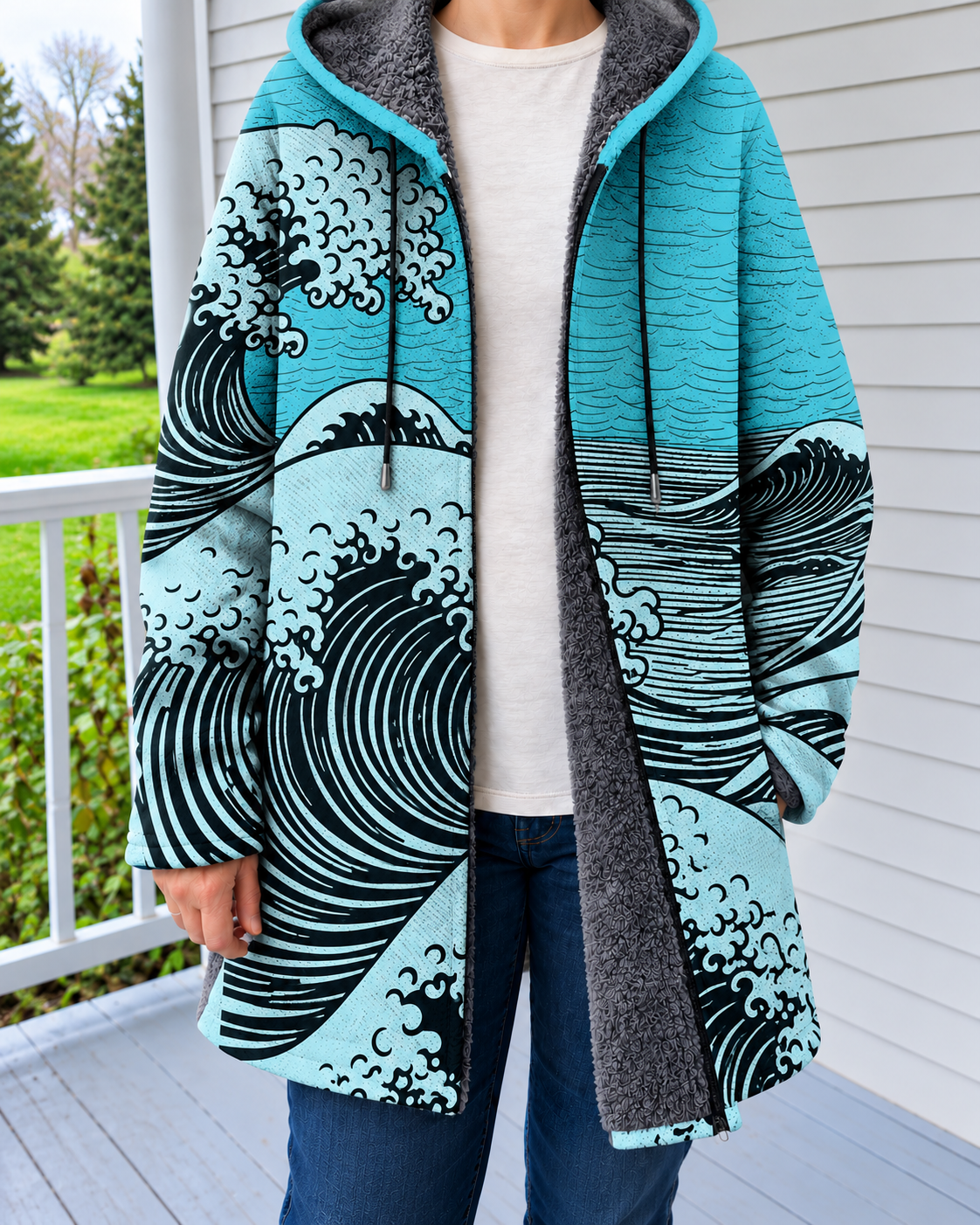 Marta | Cardigan con Cappuccio e Stampa Artistica — Blu — indossato