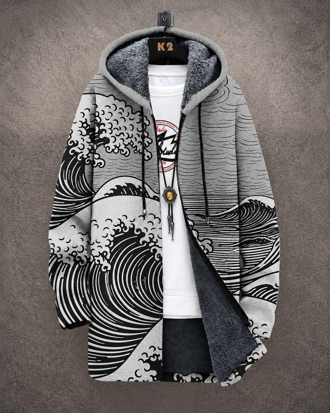 Marta | Cardigan con Cappuccio e Stampa Artistica — Grigio — vista prodotto