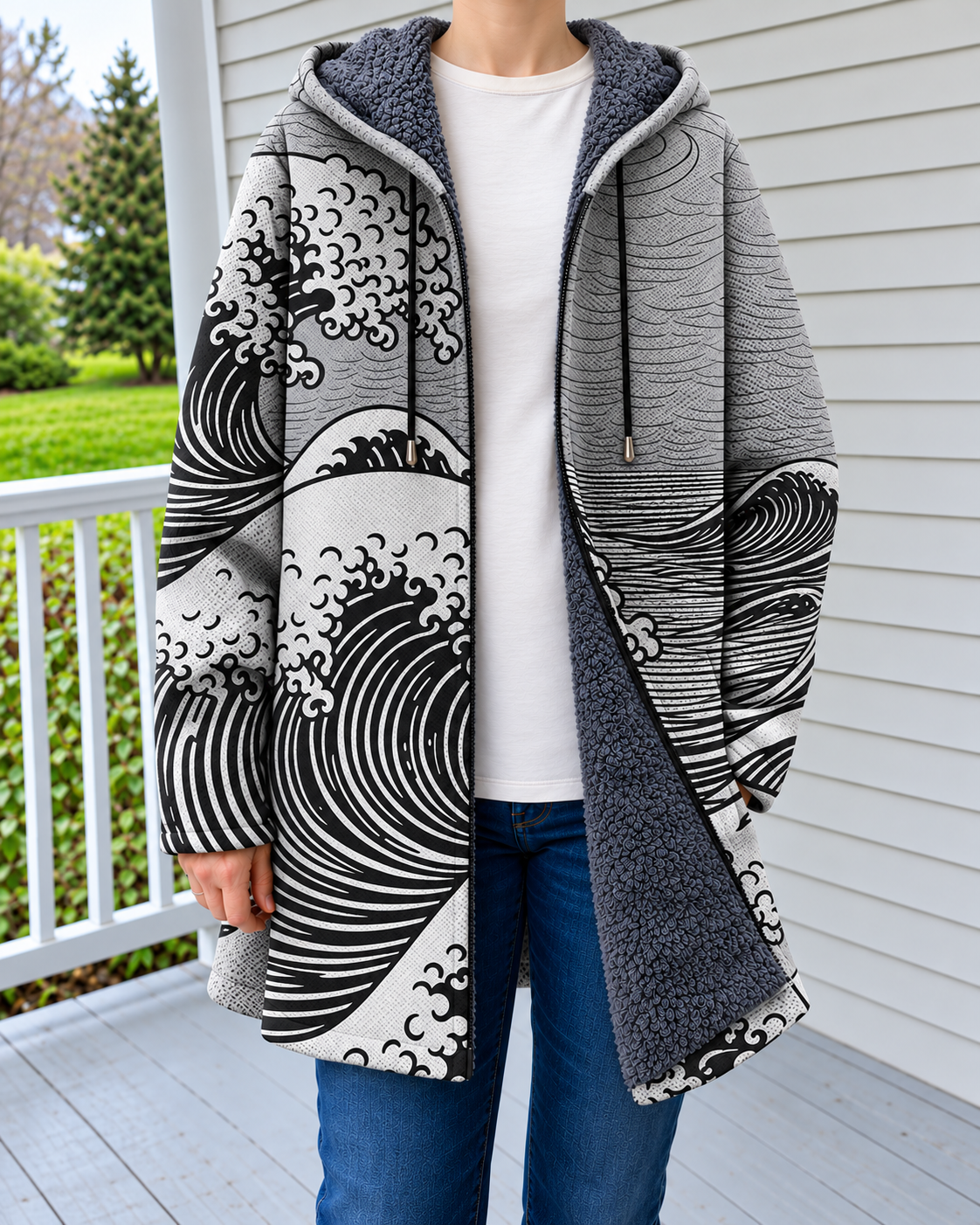 Marta | Cardigan con Cappuccio e Stampa Artistica — Grigio — indossato