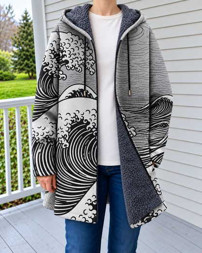 Marta | Cardigan con Cappuccio e Stampa Artistica — Grigio — indossato