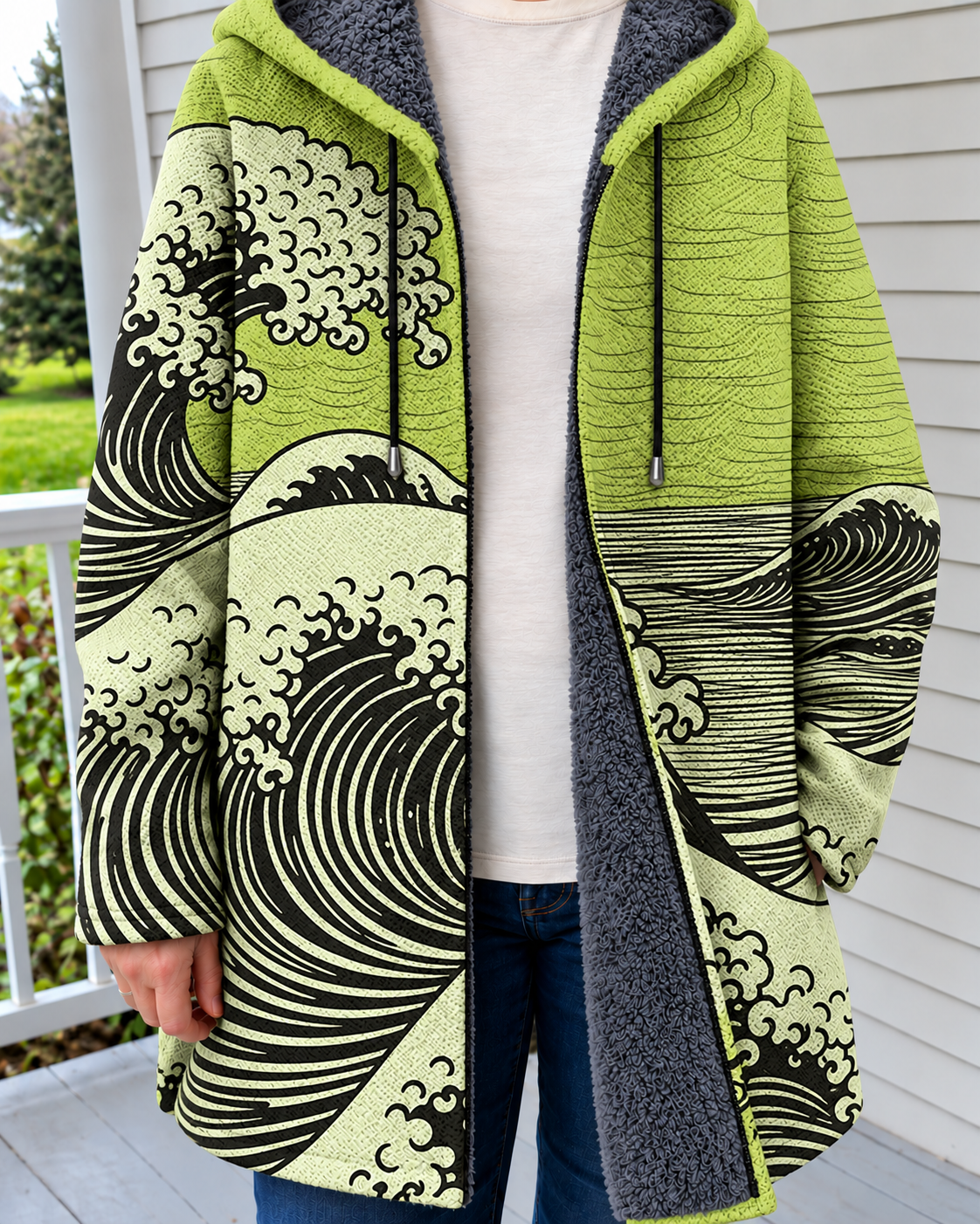 Marta | Cardigan con Cappuccio e Stampa Artistica — Verde — indossato