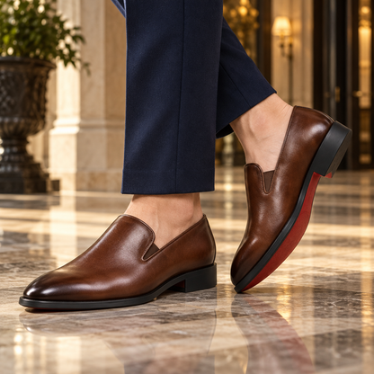Mocassini Milano marroni indossati con abito elegante