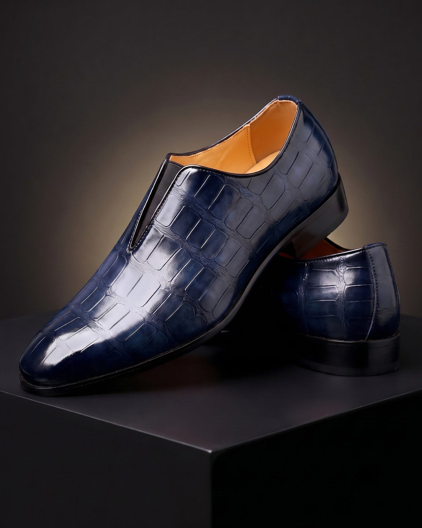 Mocassino Lorenzo blu navy in pelle con stampa coccodrillo
