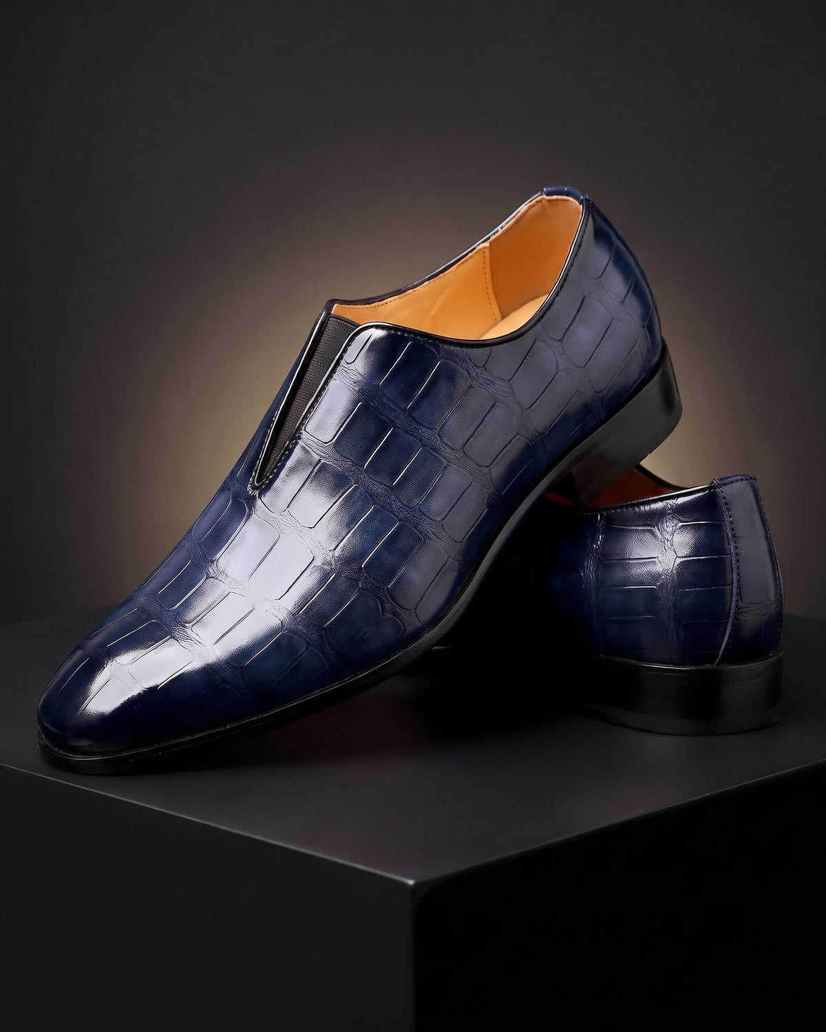 Mocassino Lorenzo blu navy in pelle con stampa coccodrillo