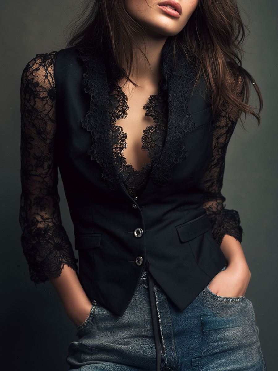 Noémie — Blazer nero con maniche semitrasparenti, vista 1