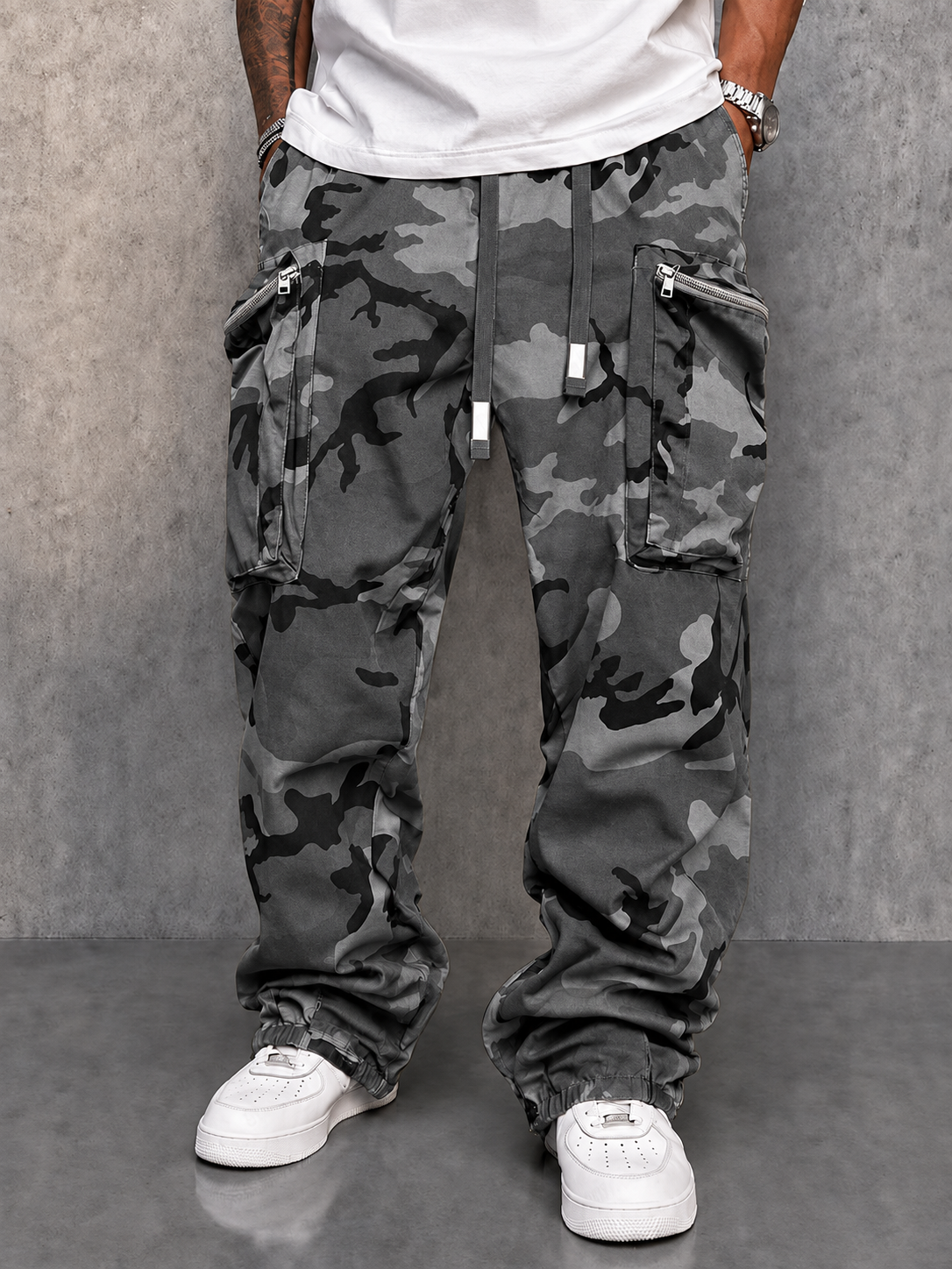 Pantaloni cargo mimetici utility streetwear – Grigio – vista 2