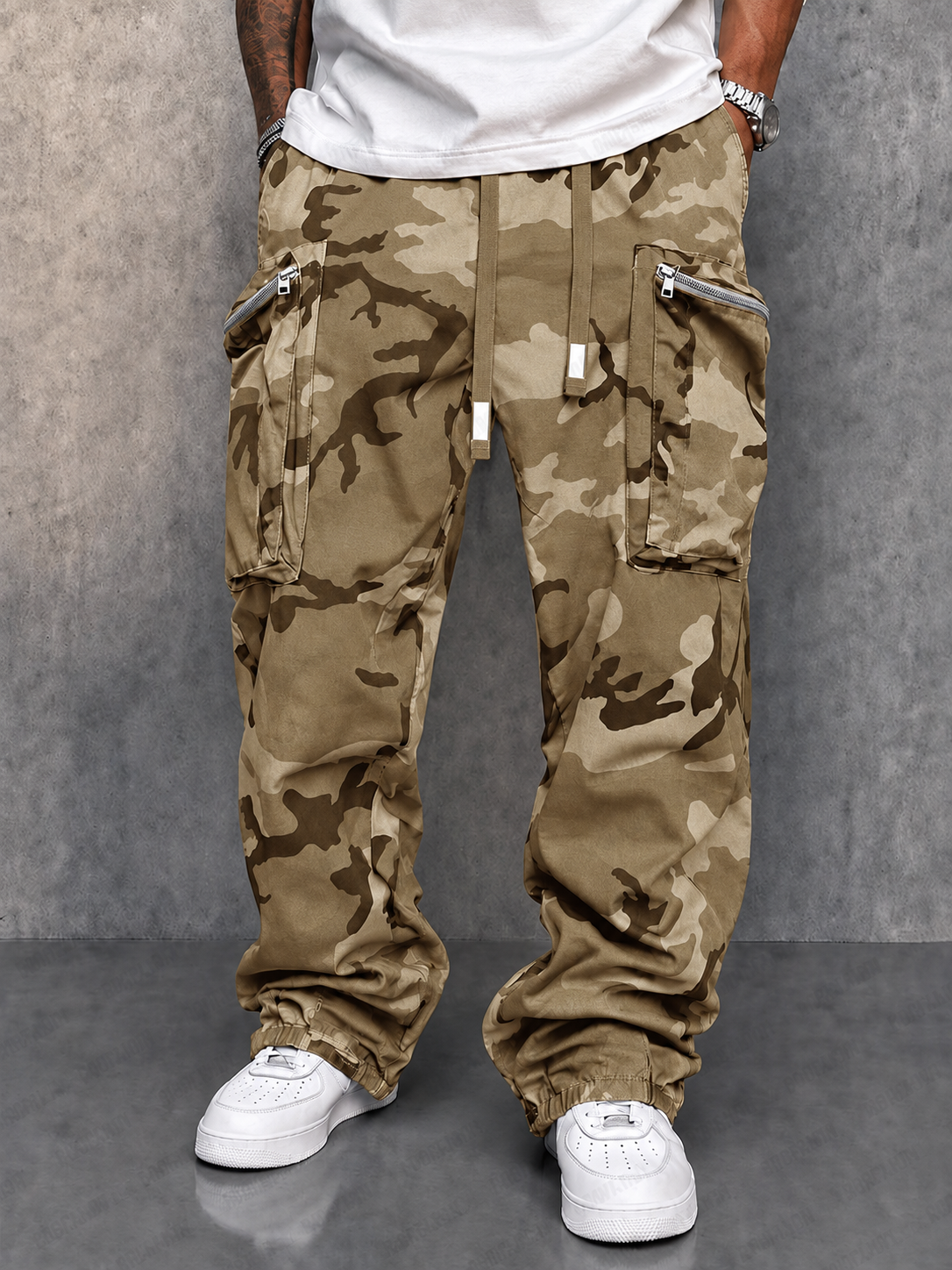 Pantaloni cargo mimetici utility streetwear – Cachi – vista 3