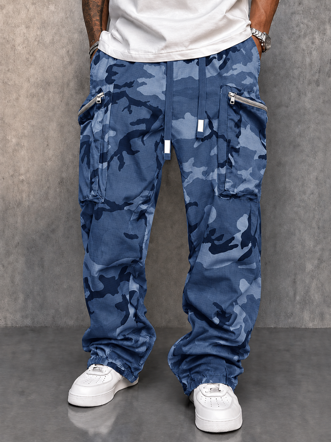Pantaloni cargo mimetici utility streetwear – Blu – vista 4