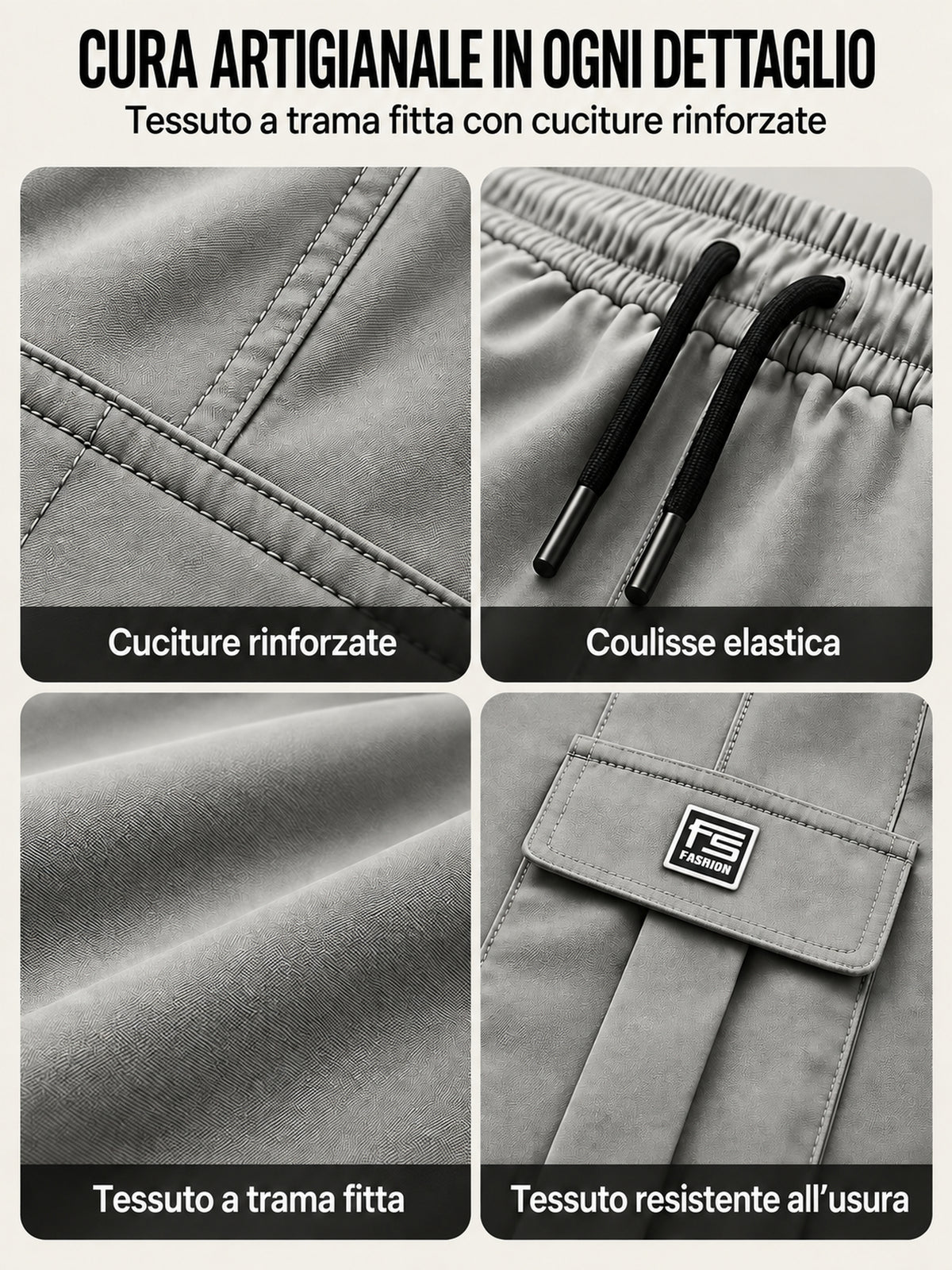 Dettagli del tessuto, delle cuciture e del patch FS dei pantaloni cargo da uomo