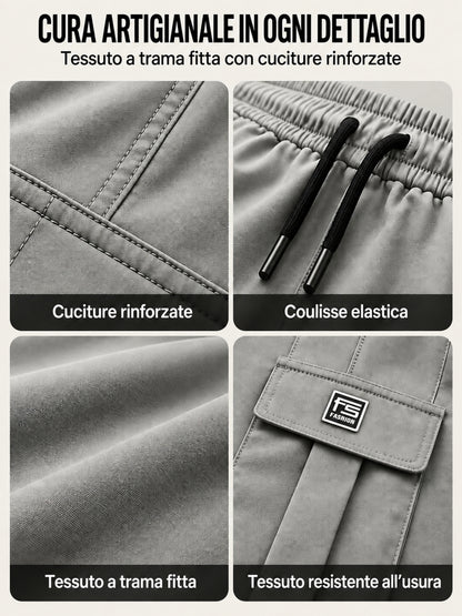 Dettagli del tessuto, delle cuciture e del patch FS dei pantaloni cargo da uomo