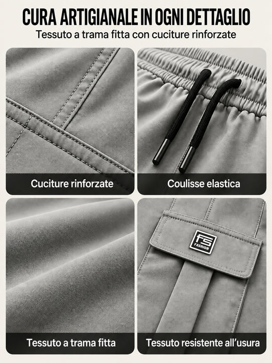 Dettagli del tessuto, delle cuciture e del patch FS dei pantaloni cargo da uomo