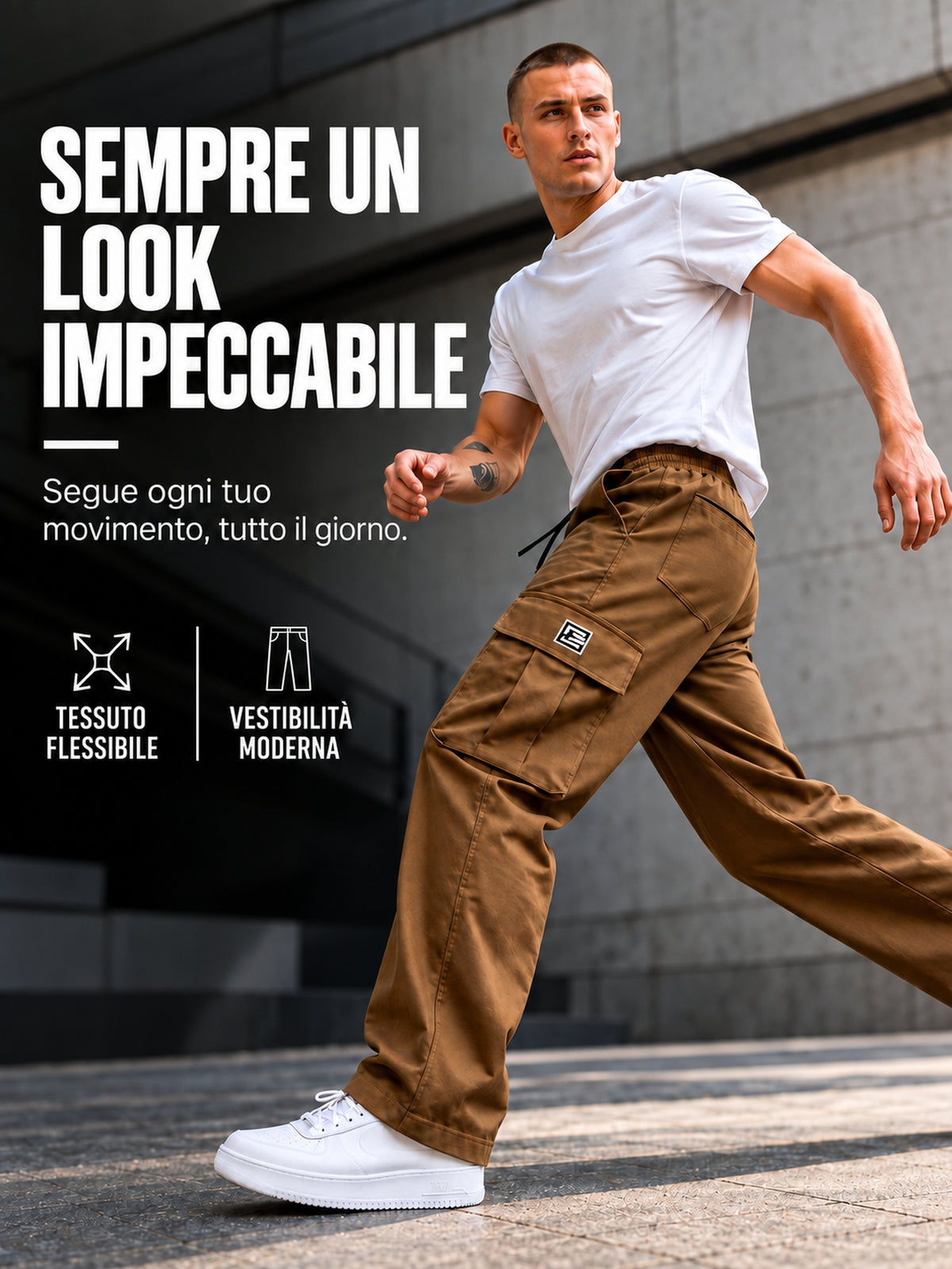 Pantaloni cargo marroni da uomo in movimento