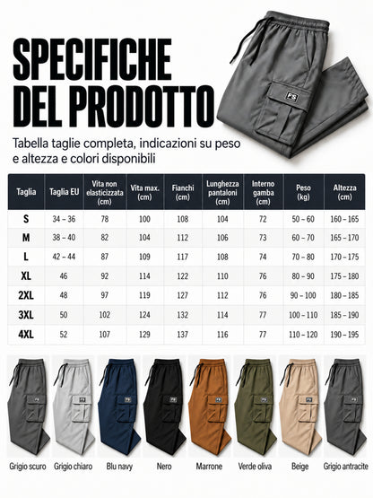 Tabella taglie e colori dei pantaloni cargo da uomo con patch FS