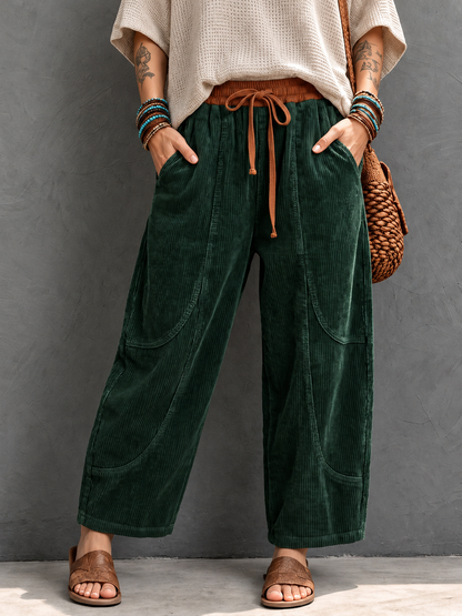 Pantaloni Harem in Velluto a Coste con Vita Elasticizzata - Verde scuro