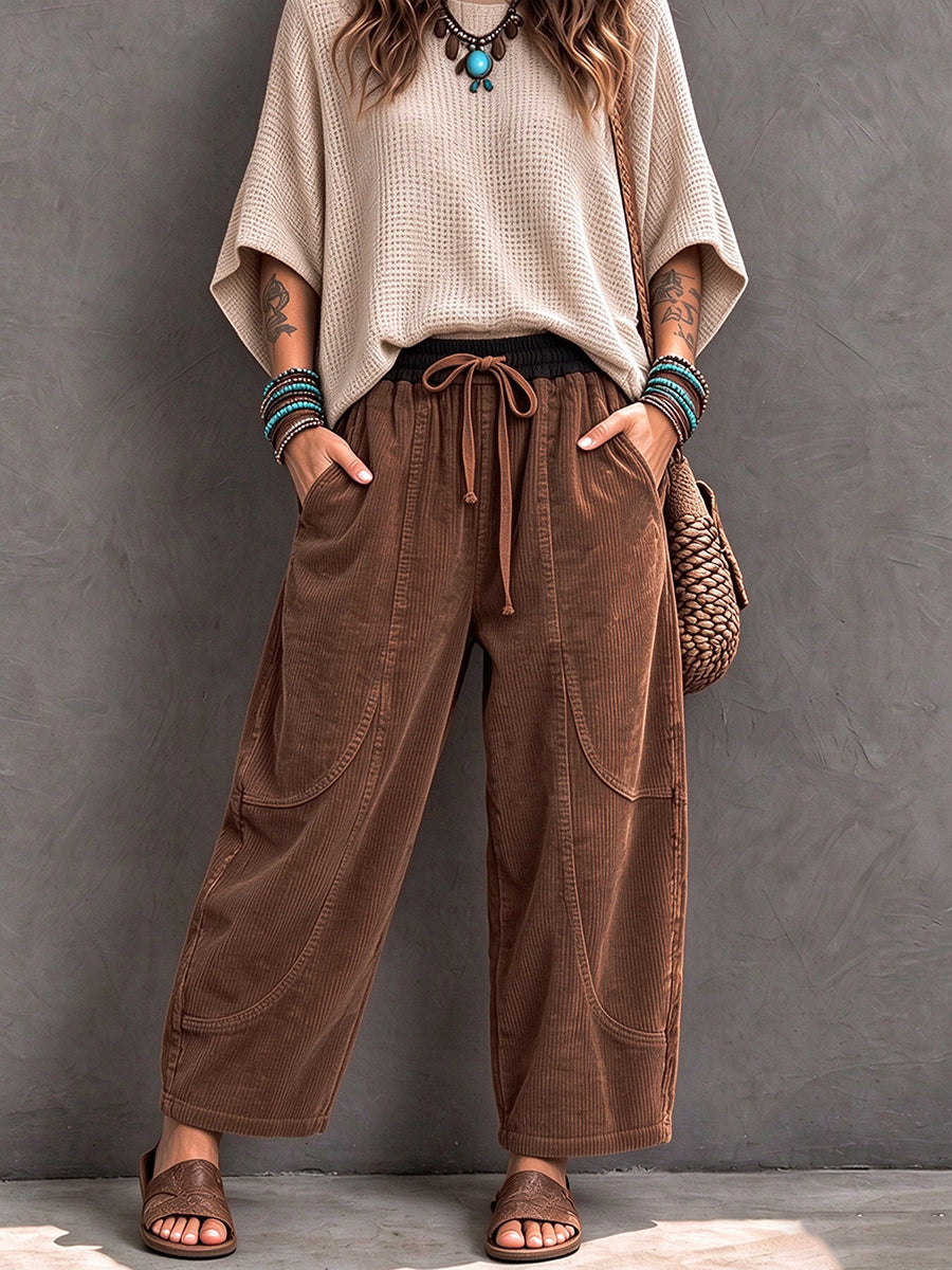 Pantaloni Harem in Velluto a Coste con Vita Elasticizzata - Marrone