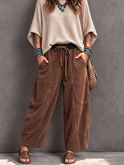 Pantaloni Harem in Velluto a Coste con Vita Elasticizzata - Marrone