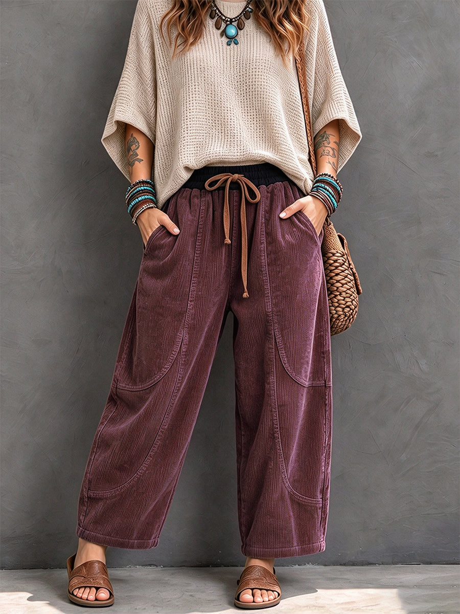 Pantaloni Harem in Velluto a Coste con Vita Elasticizzata - Viola