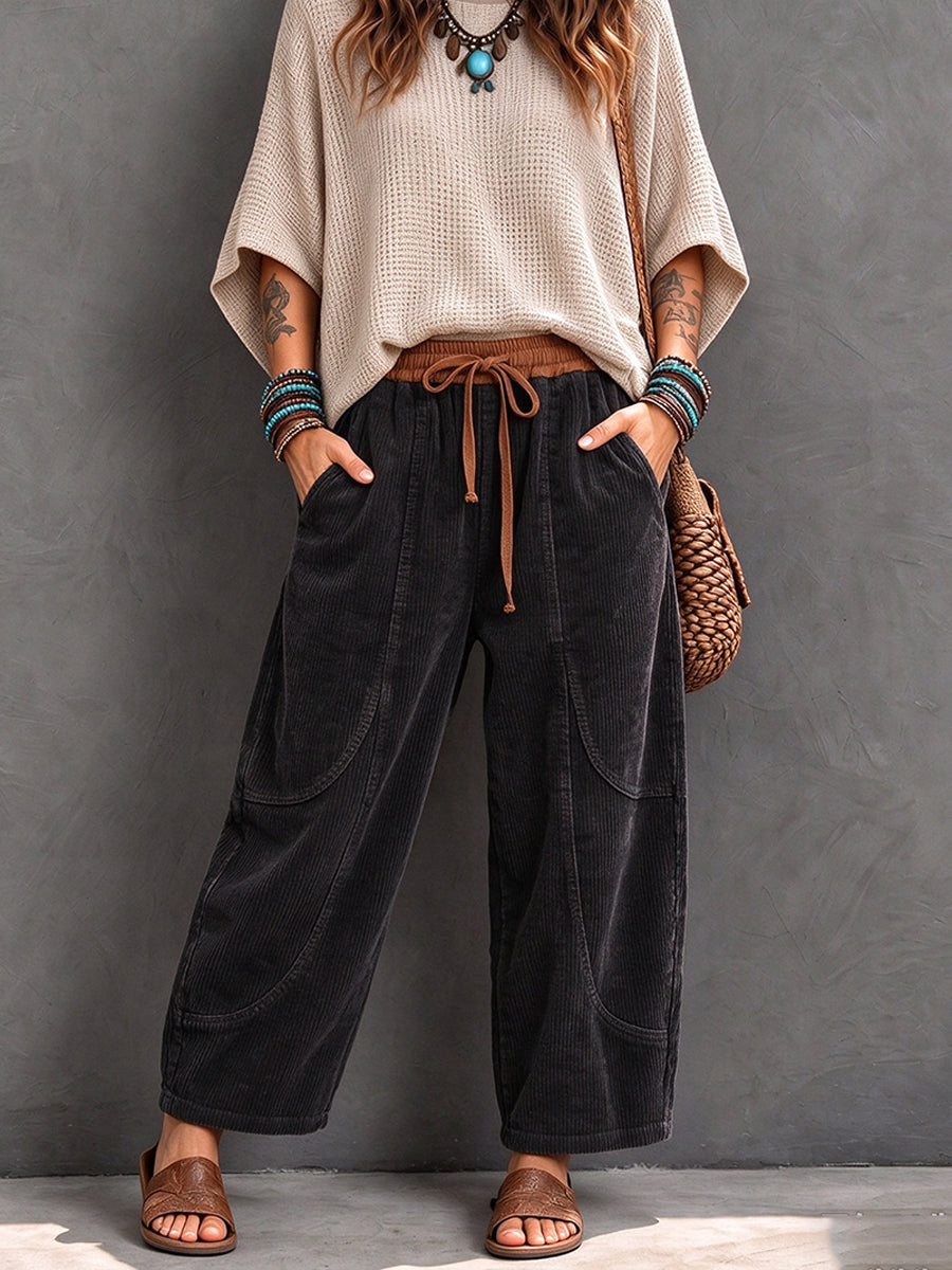 Pantaloni Harem in Velluto a Coste con Vita Elasticizzata - Nero