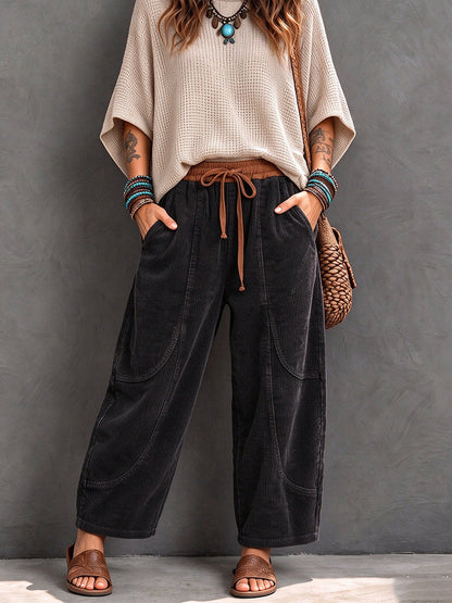 Pantaloni Harem in Velluto a Coste con Vita Elasticizzata - Nero