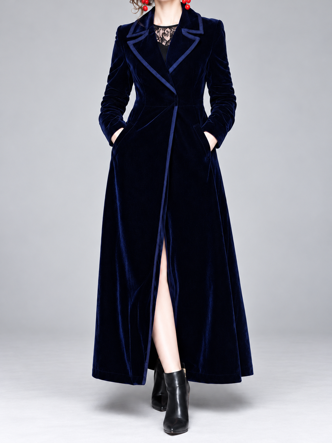 Serafina , Cappotto in velluto con rever a contrasto blu navy, lungo, vista 1
