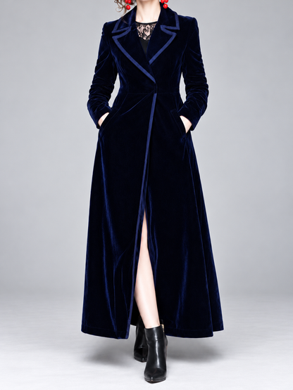 Serafina , Cappotto in velluto con rever a contrasto blu navy, lungo, vista 1