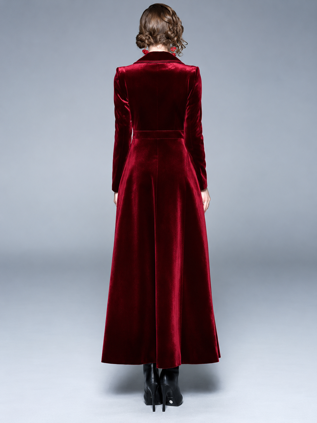 Serafina , Cappotto in velluto con rever a contrasto bordeaux, retro, vista 3