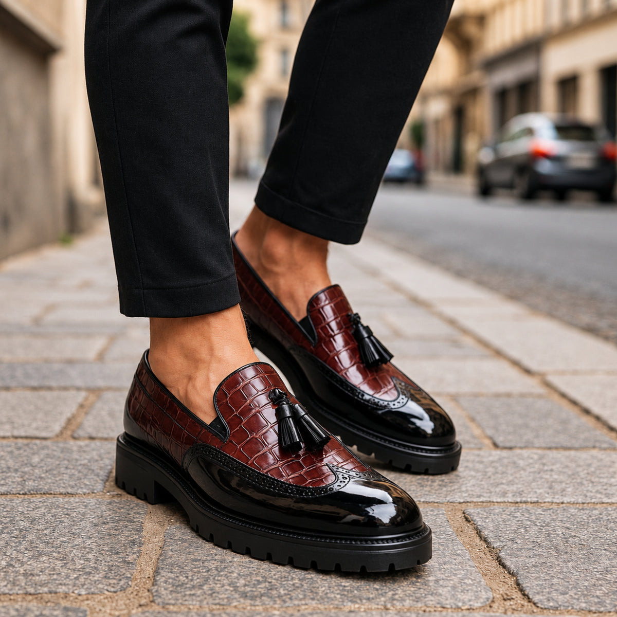 Mocassini Soren Vale bordeaux e neri indossati su strada