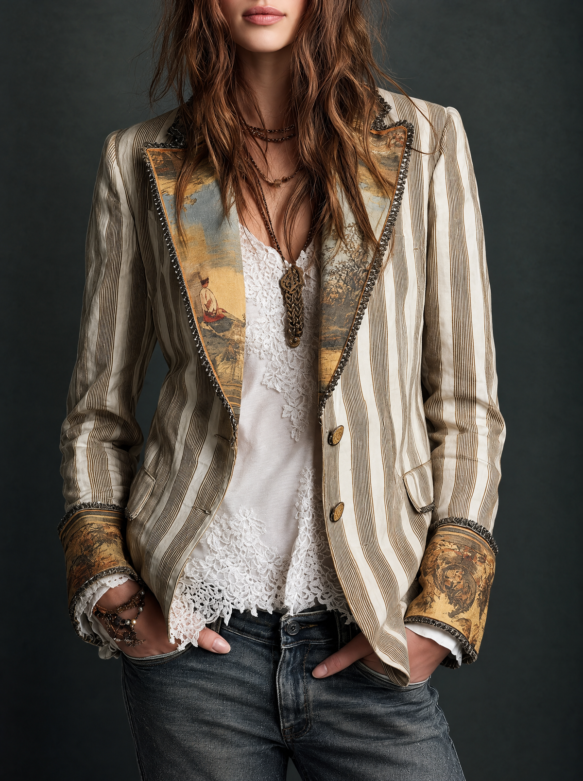 Suzanne — Blazer bohémien a righe con colletto stampato, vista 1