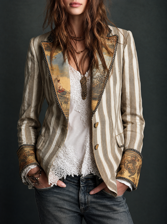 Suzanne — Blazer bohémien a righe con colletto stampato, vista 1