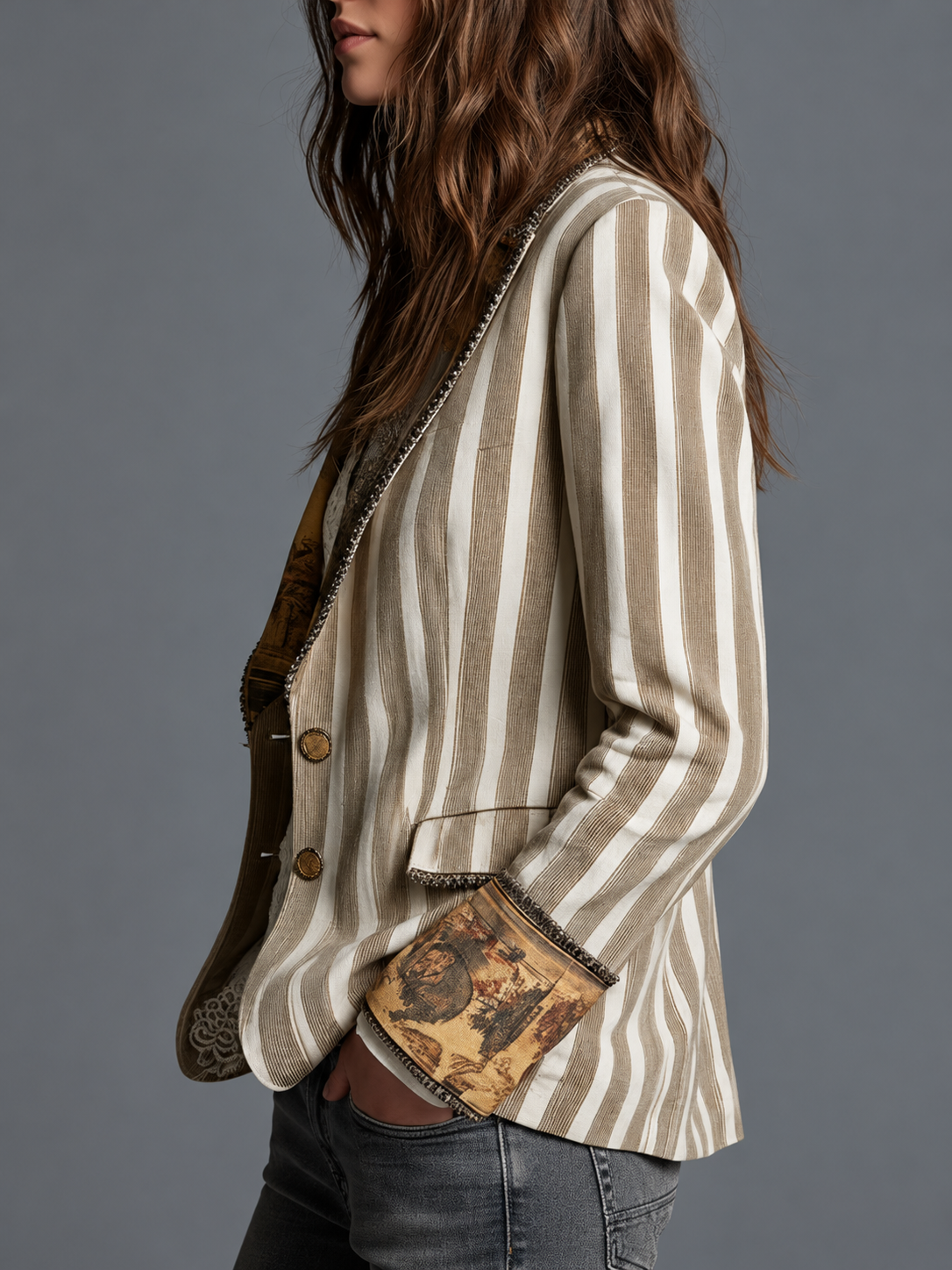 Suzanne — Blazer bohémien a righe con colletto stampato, vista 3