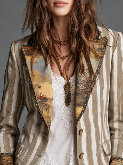 Suzanne — Blazer bohémien a righe con colletto stampato, vista 5