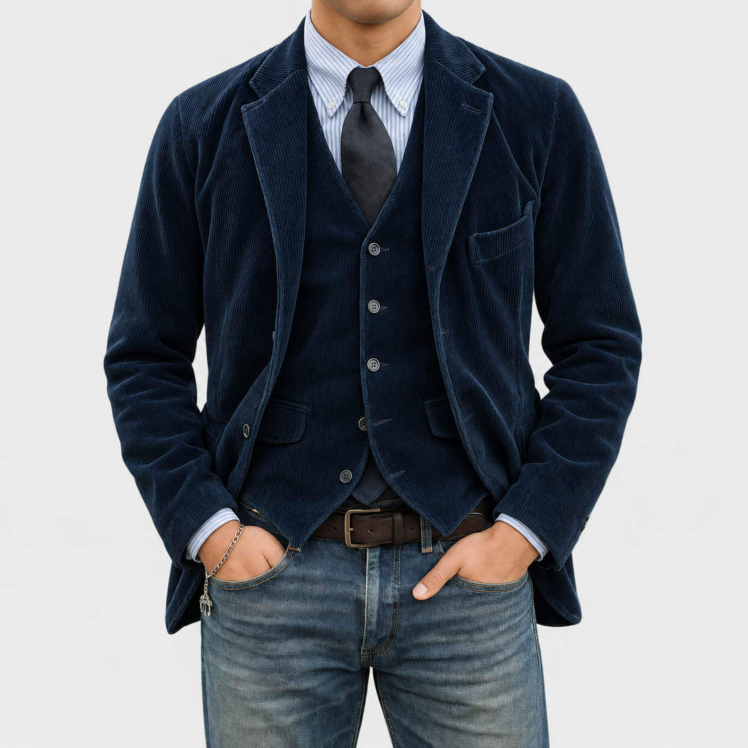Completo Tommy in velluto blu scuro, vista frontale