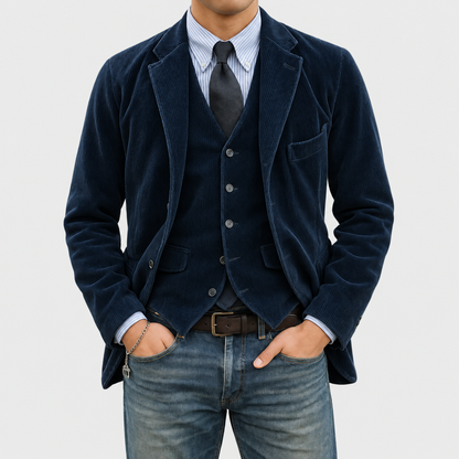 Completo Tommy in velluto blu scuro, vista frontale