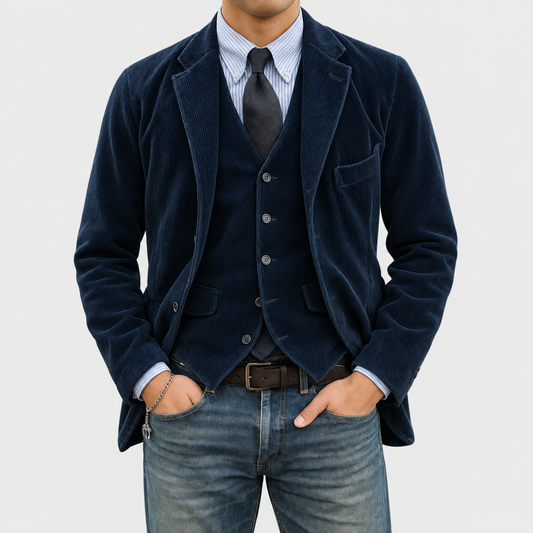 Completo Tommy in velluto blu scuro, vista frontale