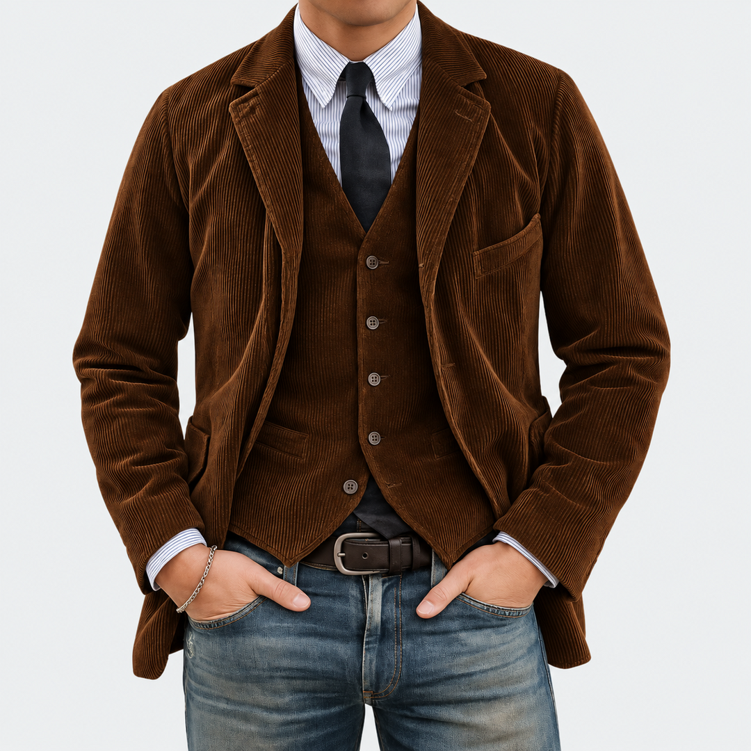 Completo Tommy in velluto marrone, vista frontale