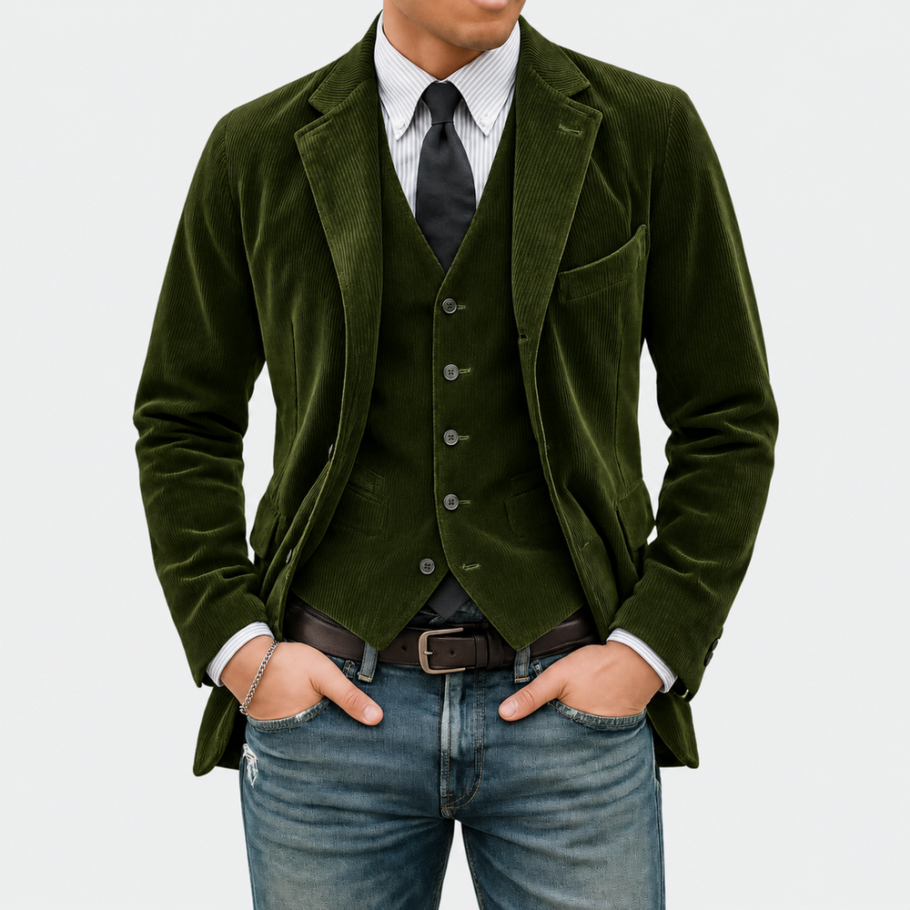 Completo Tommy in velluto verde militare, vista frontale