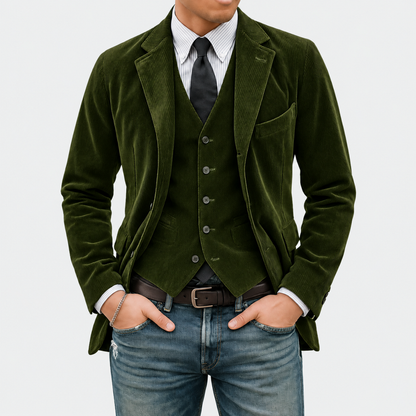 Completo Tommy in velluto verde militare, vista frontale