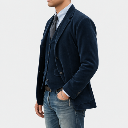 Completo Tommy in velluto blu scuro, vista laterale