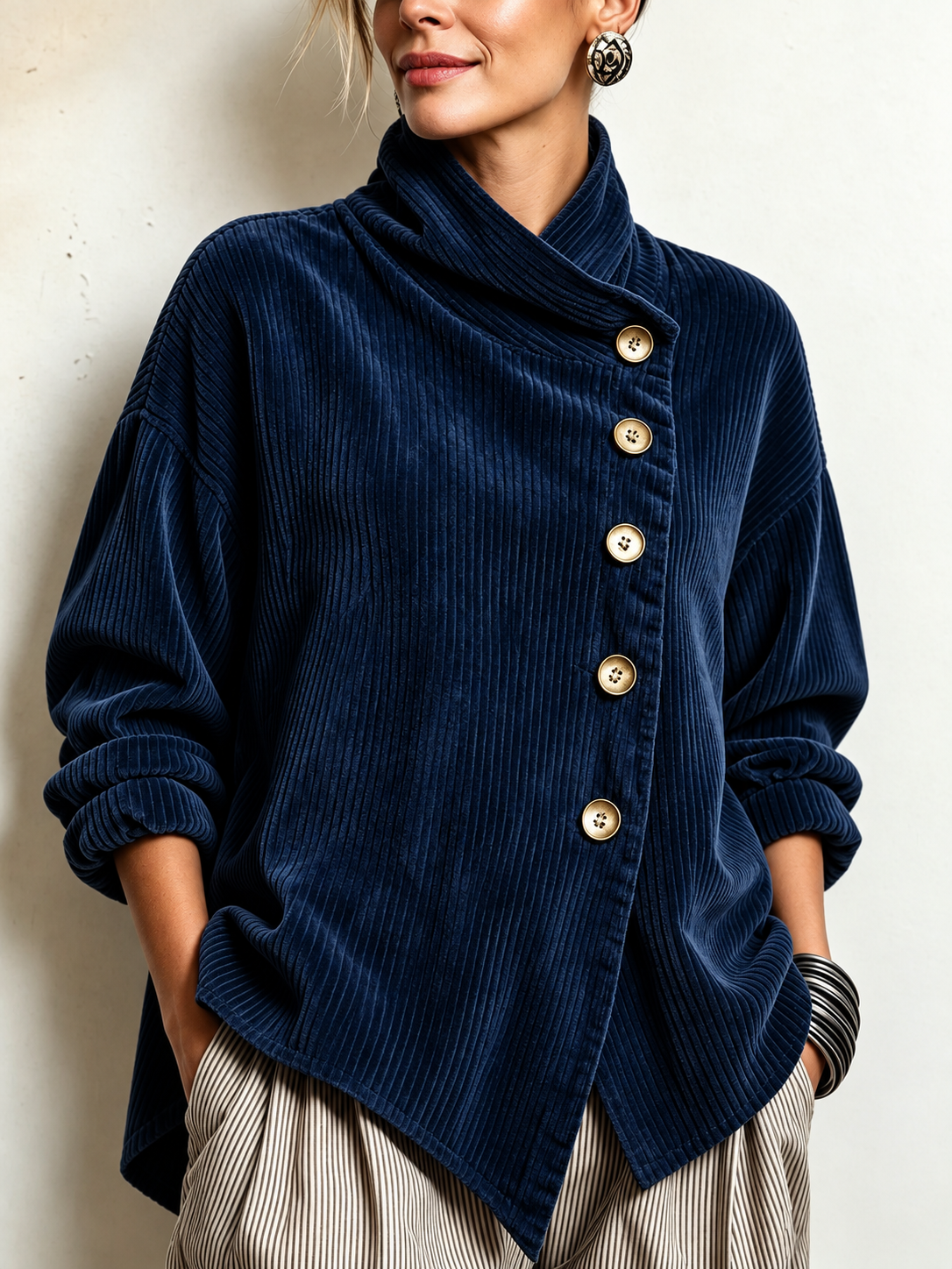 Top Chic Asimmetrico in Velluto a Coste con Collo Alto | Blu navy | vista frontale
