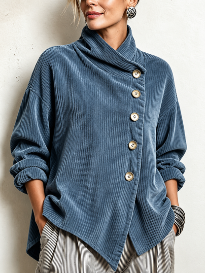 Top Chic Asimmetrico in Velluto a Coste con Collo Alto | Blu polvere | vista frontale