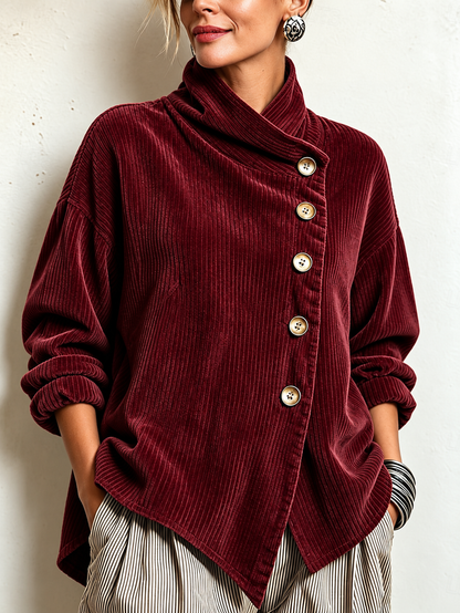 Top Chic Asimmetrico in Velluto a Coste con Collo Alto | Bordeaux | vista frontale